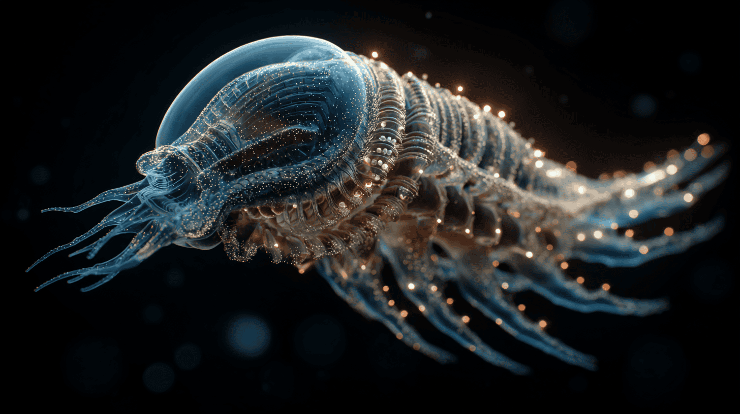 A translucent deep-sea creature with a segmented body, long tendrils, and glowing bioluminescent specks drifts through the dark abyss, its shell-like surface shimmering with intricate organic textures.