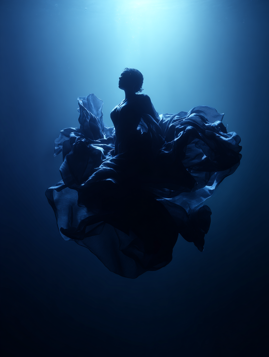 She rests in the quiet weightlessness of the deep, where sound disappears and light becomes a distant memory. Here, in the calm heart of the abyss, she surrenders — not to darkness, but to the infinite blue that holds her like breath between worlds.