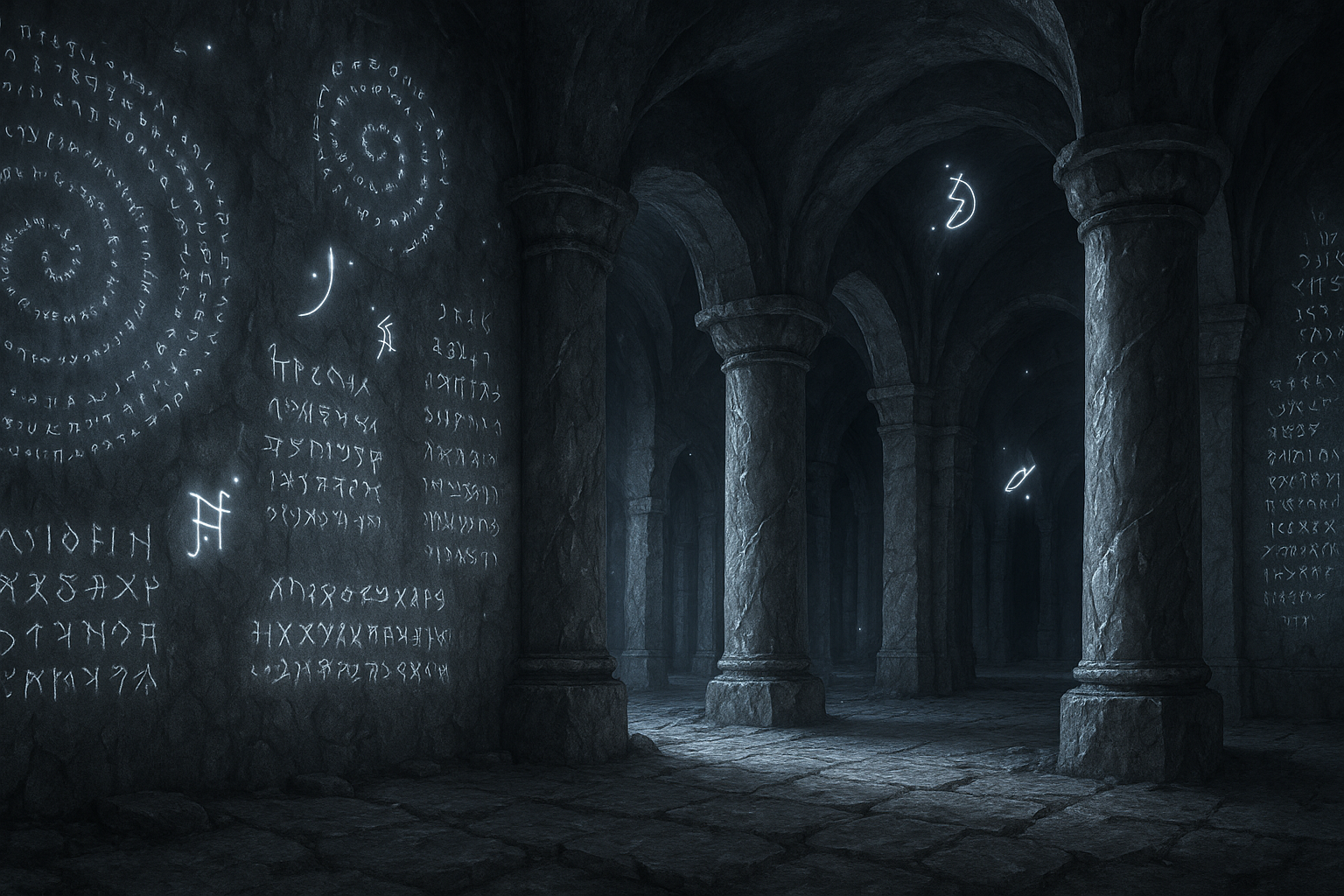 Ancient stone chamber on the moon illuminated by glowing celestial runes and arcane symbols, high-detail fantasy artwork by Maria Stella Tupynambá.