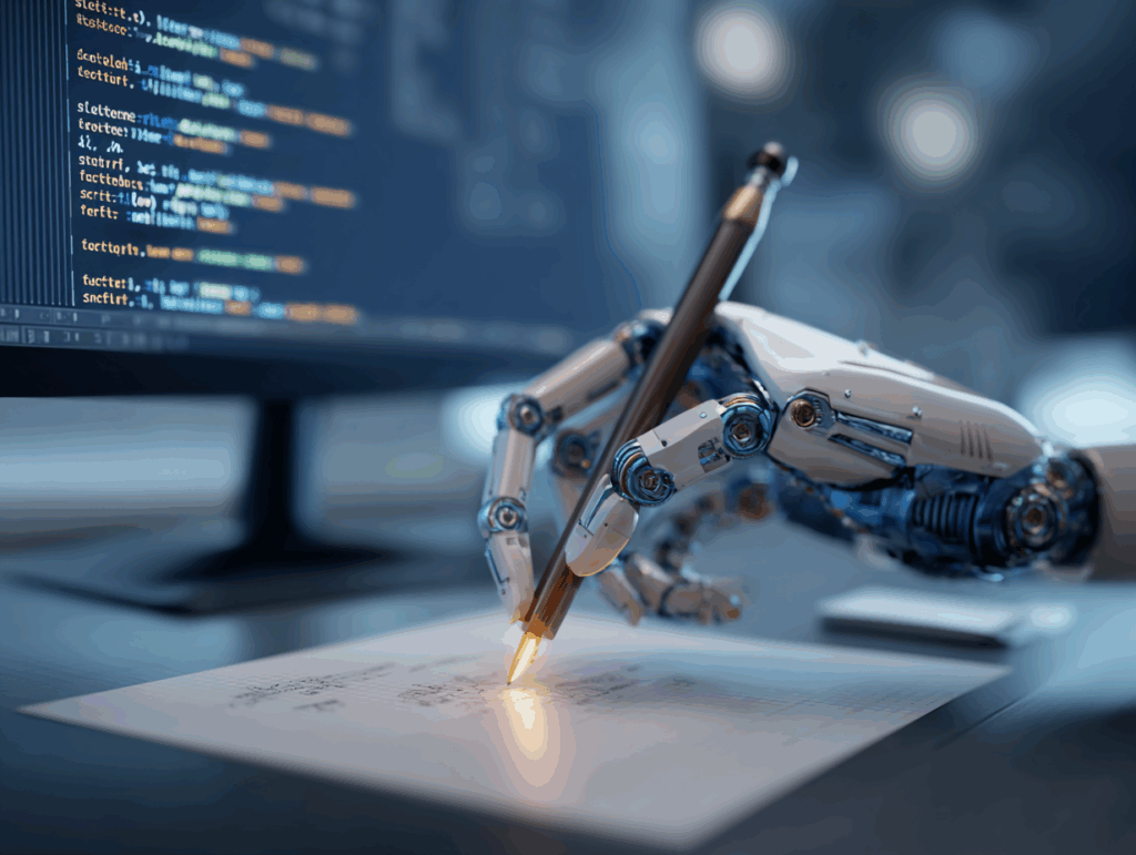 A robotic hand holding a pen and writing on paper beside a computer displaying code, symbolizing AI-assisted work and automation in modern workflows