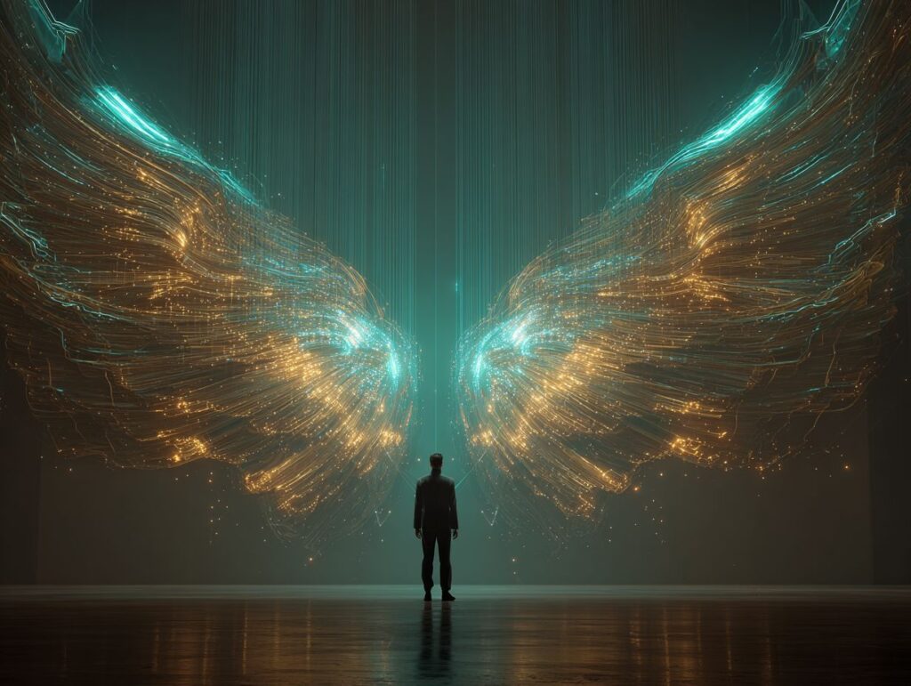 A striking visual of a lone figure illuminated by vast, glowing digital wings, symbolizing how AI expands human potential, creativity, and capability in the modern era.