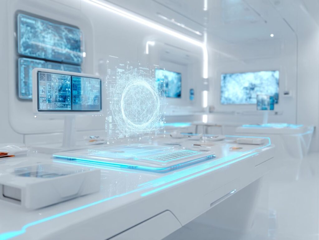 A sleek modern workspace featuring glowing blue holographic AI projections emerging from a tablet on a white desk, with futuristic computer screens in the background.”
