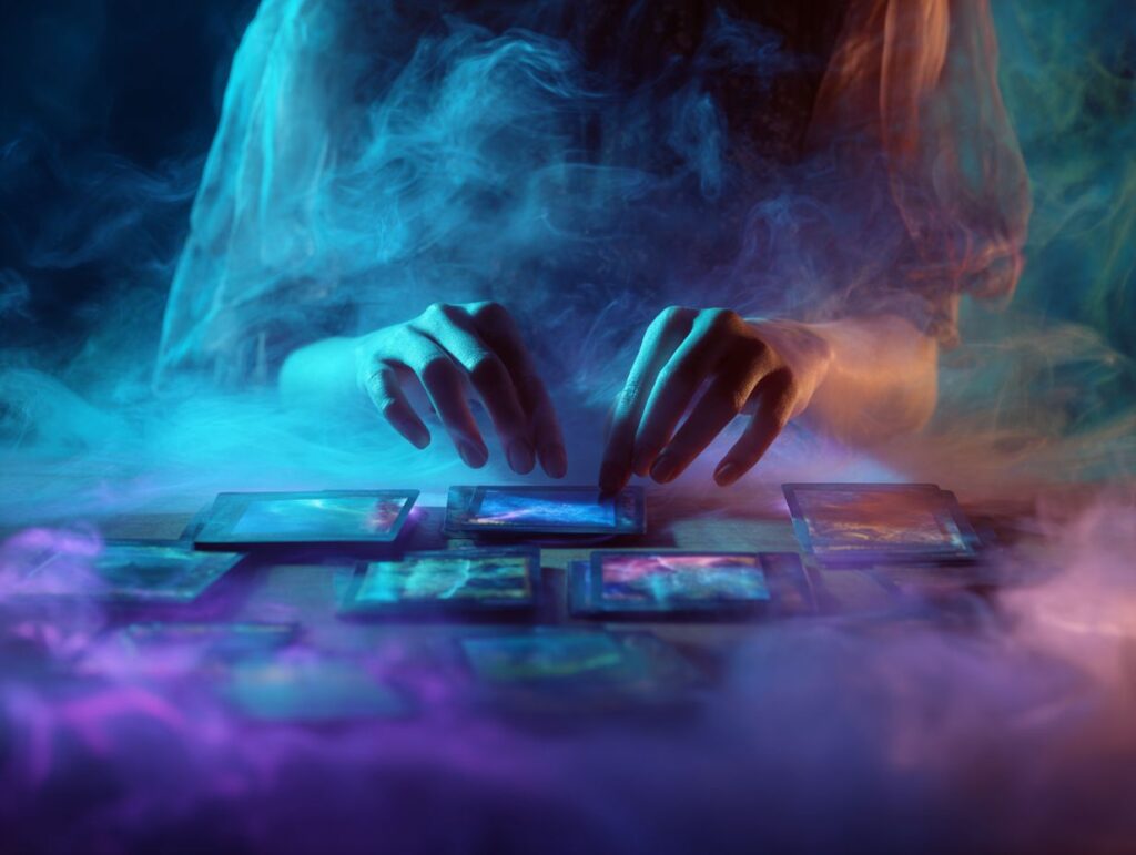 A pair of human hands moving through a spread of glowing, mystical tarot cards surrounded by swirling blue and purple smoke, symbolizing the intuitive and energetic depth that distinguishes a human tarot reader from artificial intelligence.