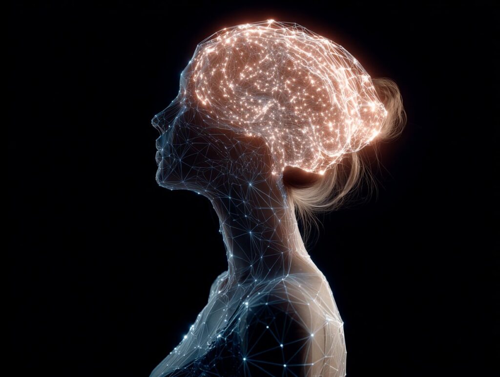 A human silhouette with a glowing fractal brain merging into a geometric AI brain made of digital lines, symbolizing the fusion of human intuition and artificial intelligence in a minimal, ethereal style.