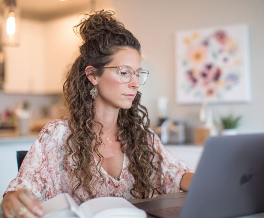 A focused virtual assistant working in a bright home office with a clean desk, laptop, and organized planner, captured in soft natural light with a calm neutral palette. Editorial-style image created by Maria Stella Tupynambá.