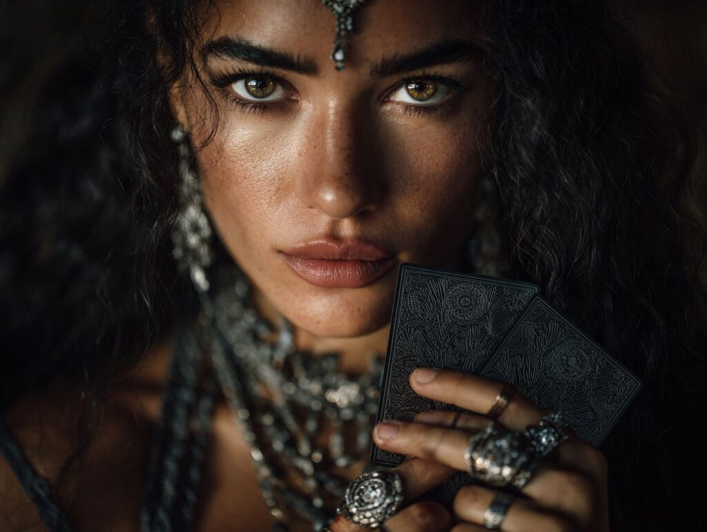 A mystical close-up portrait of a woman with long wavy black hair holding ornate oracle cards near her face, wearing layered jewelry and detailed accessories, with sharp expressive eyes and soft cinematic lighting in an ethereal atmosphere.
