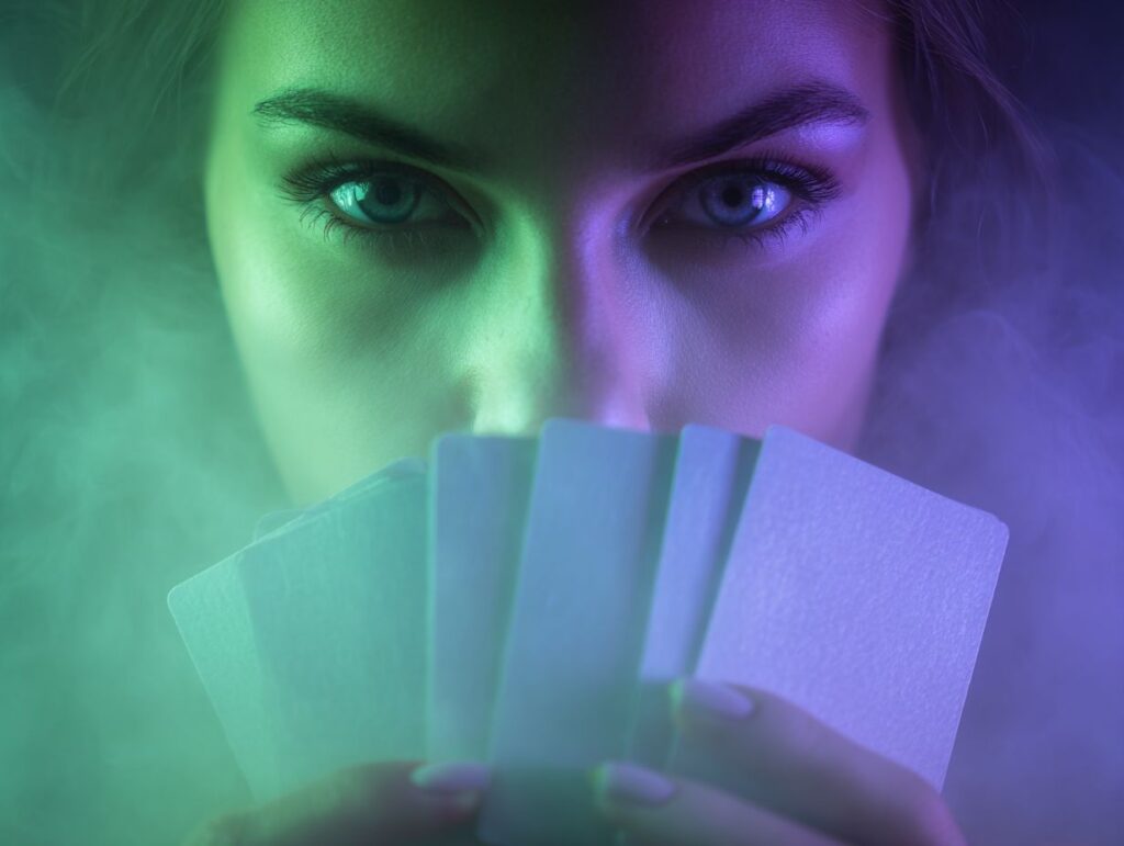 A close-up mystical portrait of a woman holding blank cards in front of her face, illuminated by green and purple spectral light with soft swirling mist and intense blue eyes.
