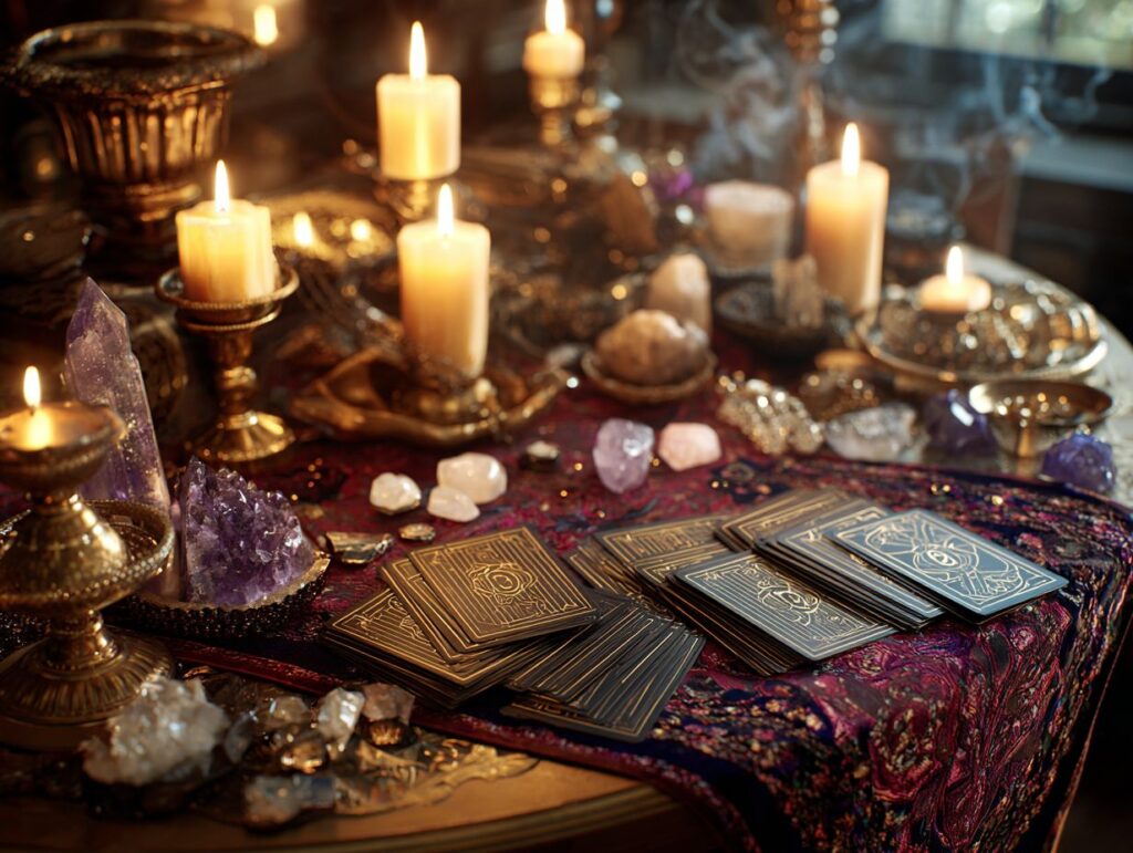 A detailed mystical tarot reading scene featuring a candlelit table set with crystals, ornate cloth, and carefully arranged tarot cards. The warm lighting and atmospheric elements create an elegant spiritual ambiance ideal for divination or metaphysical content.