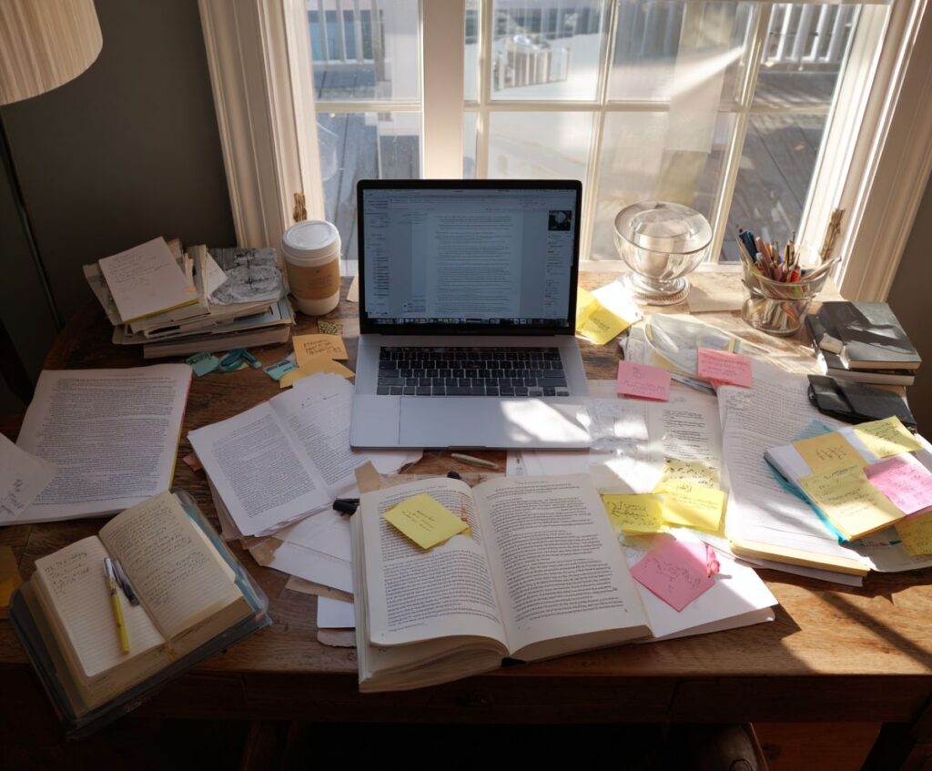 A realistic scene showing how virtual assistants used to research the old way, with open books, multiple browser tabs, scattered sticky notes, and a tired person reviewing documents. Image created by Maria Stella Tupynambá.