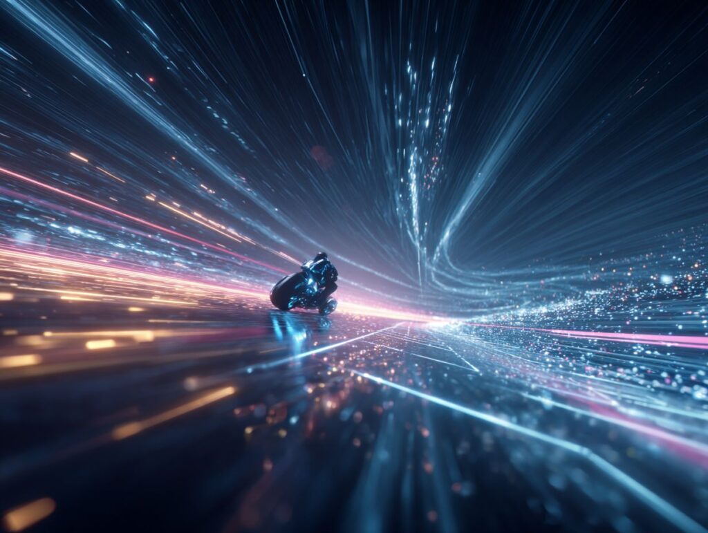A futuristic motorcycle speeding through a glowing digital racetrack made of neon light trails, symbolizing acceleration and competitive advantage through AI.