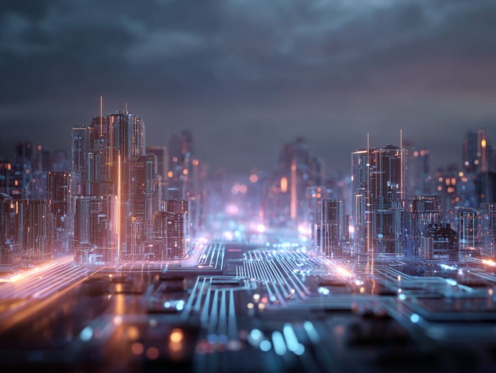 Futuristic cityscape made of glowing circuitry and interconnected digital nodes, symbolizing the long-term infrastructure and foundations of artificial intelligence.