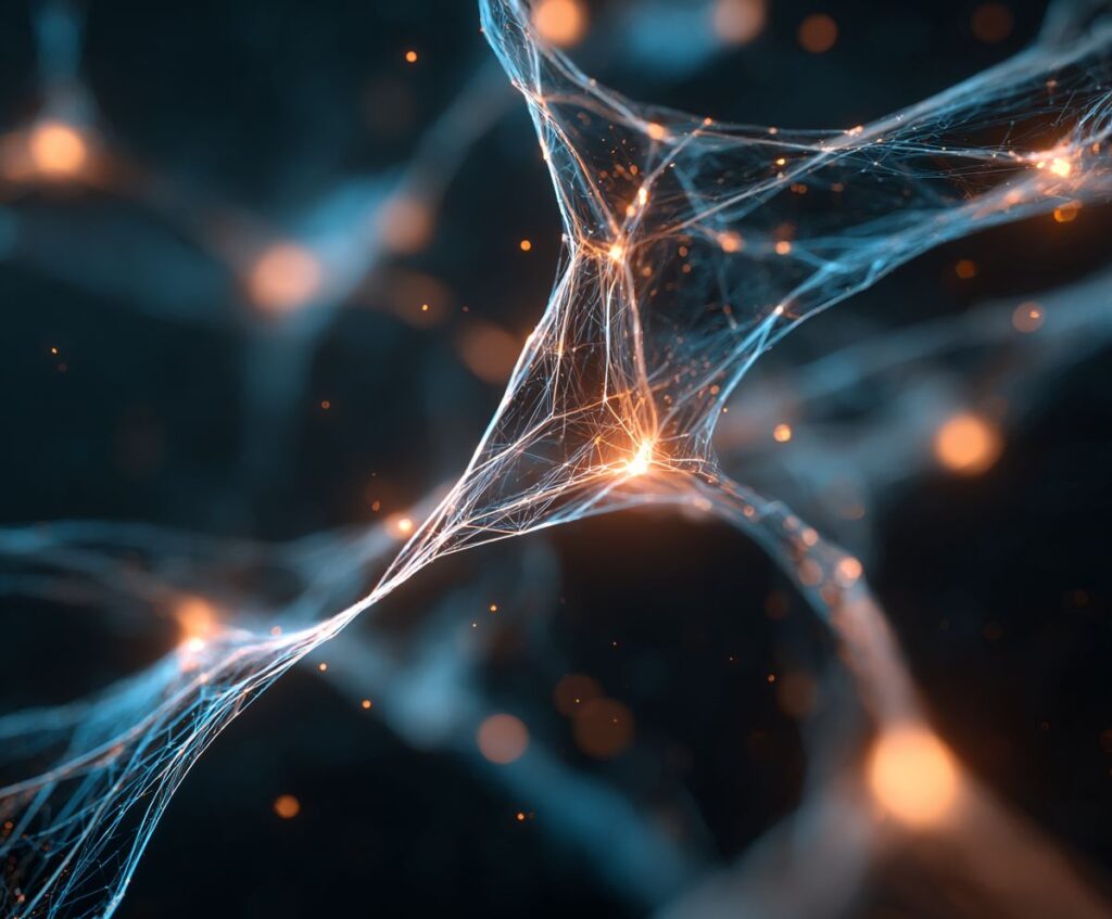 Close-up visualization of an artificial neural network, showing interconnected digital nodes and glowing data points representing computational pattern recognition.