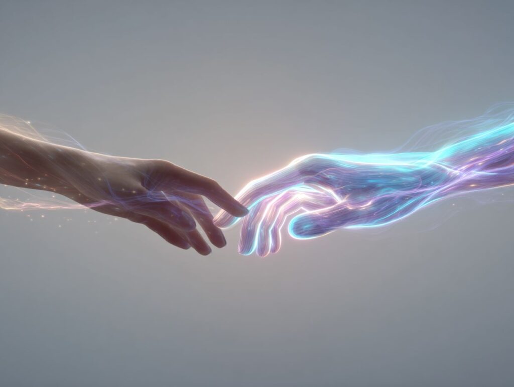 Close-up of a human hand and a digital holographic hand touching fingertips, sharing a soft flow of holographic light on a minimal, ethereal background representing harmony between humans and artificial intelligence.