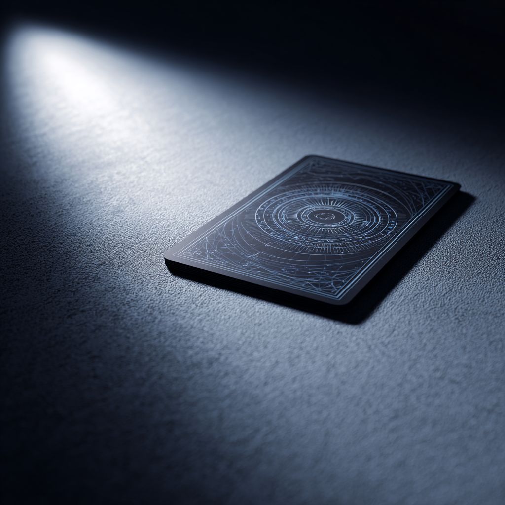 A single tarot card with a futuristic geometric back design resting on a textured surface under a focused beam of light, symbolizing the unseen intuitive depth that artificial intelligence cannot fully interpret.