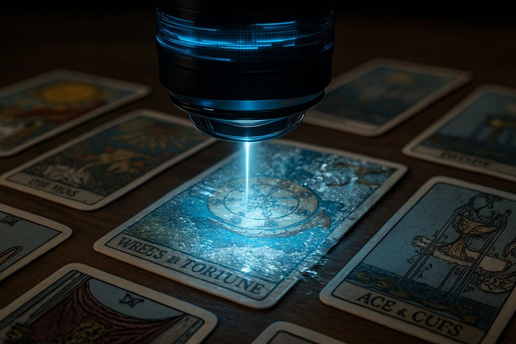 A hyperrealistic close-up of a holographic AI scanning lens attempting to analyze a tarot card. As the beam hits the surface, the card begins to distort and glitch, symbolizing the limits of artificial intelligence in interpreting intuitive and spiritual artifacts.