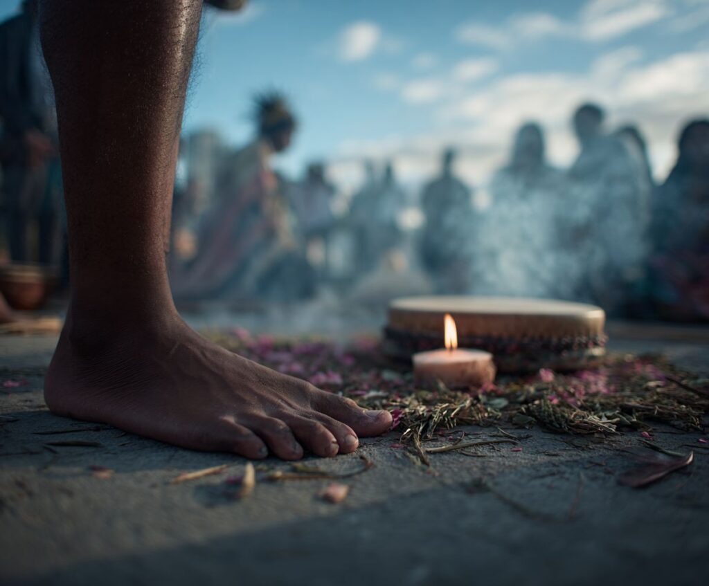 A close-up of bare feet standing on the earth during an Afro-Indigenous Brazilian spiritual ritual, with herbs, petals, smoke, a drum, and a lit candle in the foreground. People gather in blurred background, creating a serene and ancestral ceremonial atmosphere.