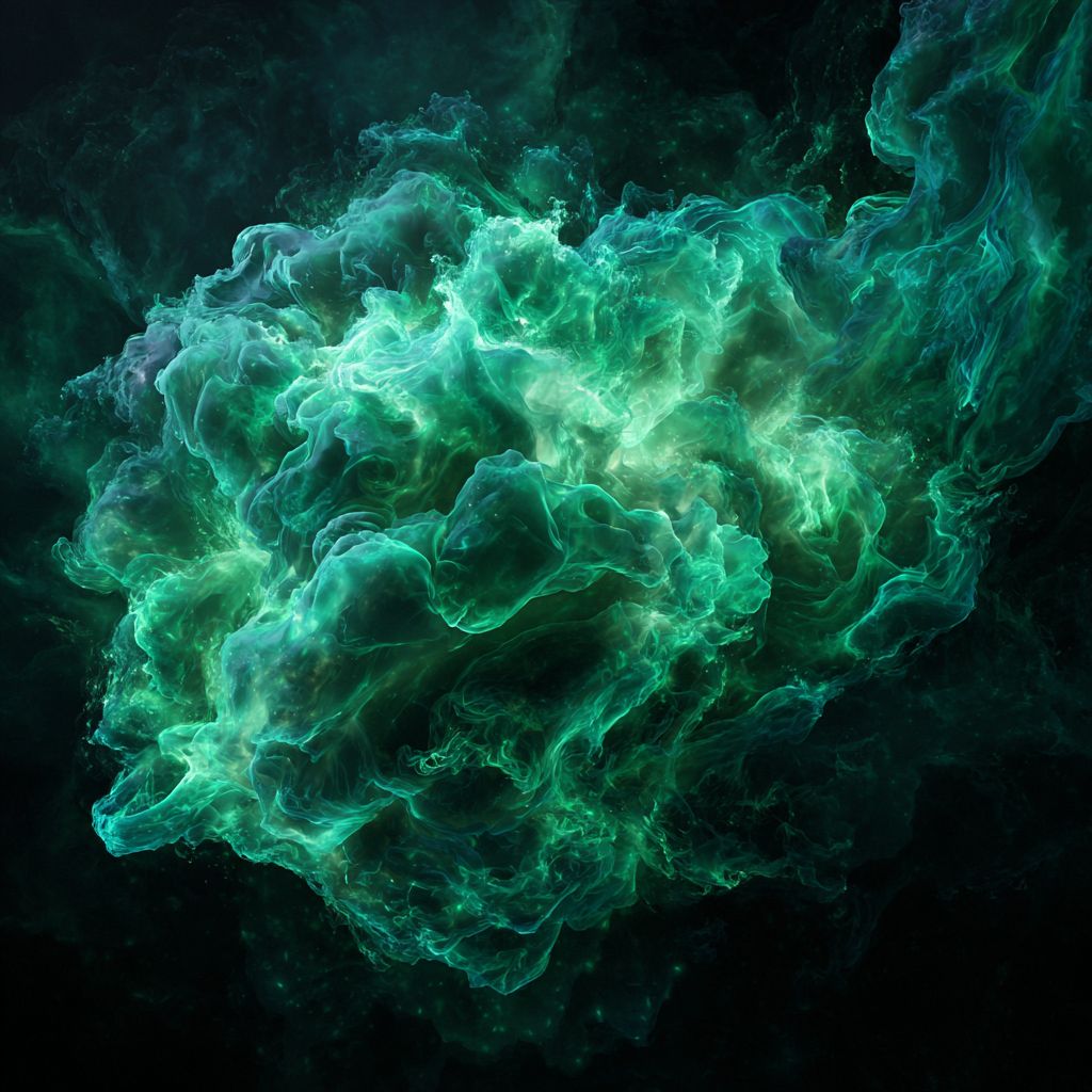 Verdant Lumina” — a translucent, iridescent green cloudform artwork created by M. Stella Tupynambá, exploring meditative ectoplasmic energy through abstract AI-driven visual art. Atmospheric, dimensional, and deeply immersive.