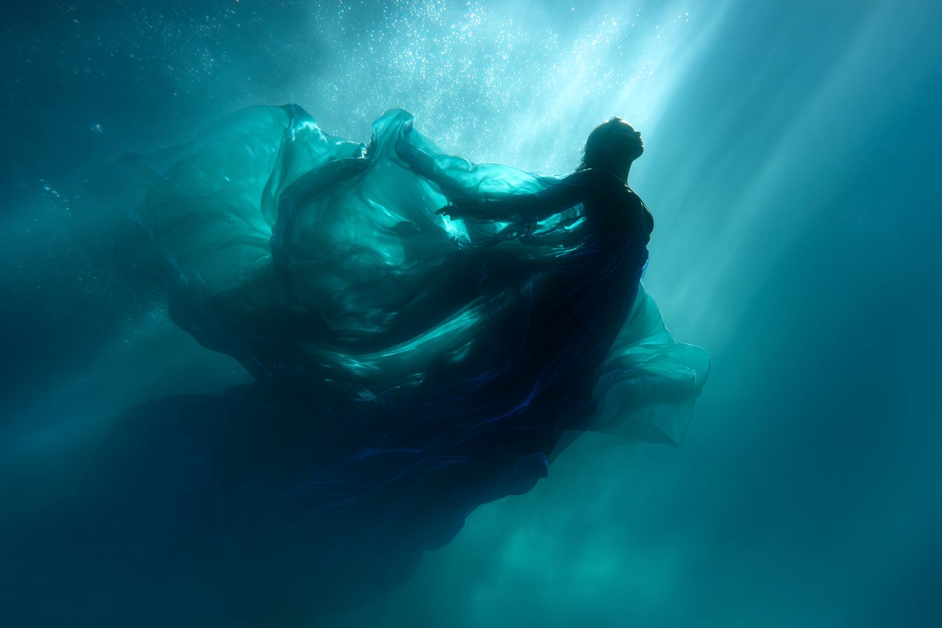 She rests in the quiet weightlessness of the deep, where sound disappears and light becomes a distant memory. Here, in the calm heart of the abyss, she surrenders — not to darkness, but to the infinite blue that holds her like breath between worlds.