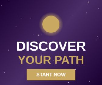 Purple promotional banner featuring a gold circle and the message “Discover Your Path – Start Now,” encouraging users to explore a spiritual guidance product.