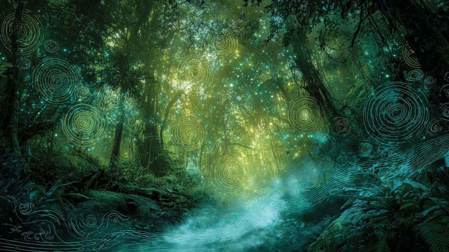 A mystical Amazon rainforest glowing with emerald and golden light, featuring swirling ancestral energy rings and soft mist rising from the forest floor, symbolizing an ancient spiritual portal connected to Earth’s frequencies.