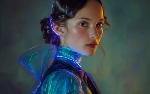 Hyperrealistic futuristic portrait of a woman wearing a translucent neon cyberpunk garment, illuminated by glowing blue and violet light, blending human features with advanced digital aesthetics.