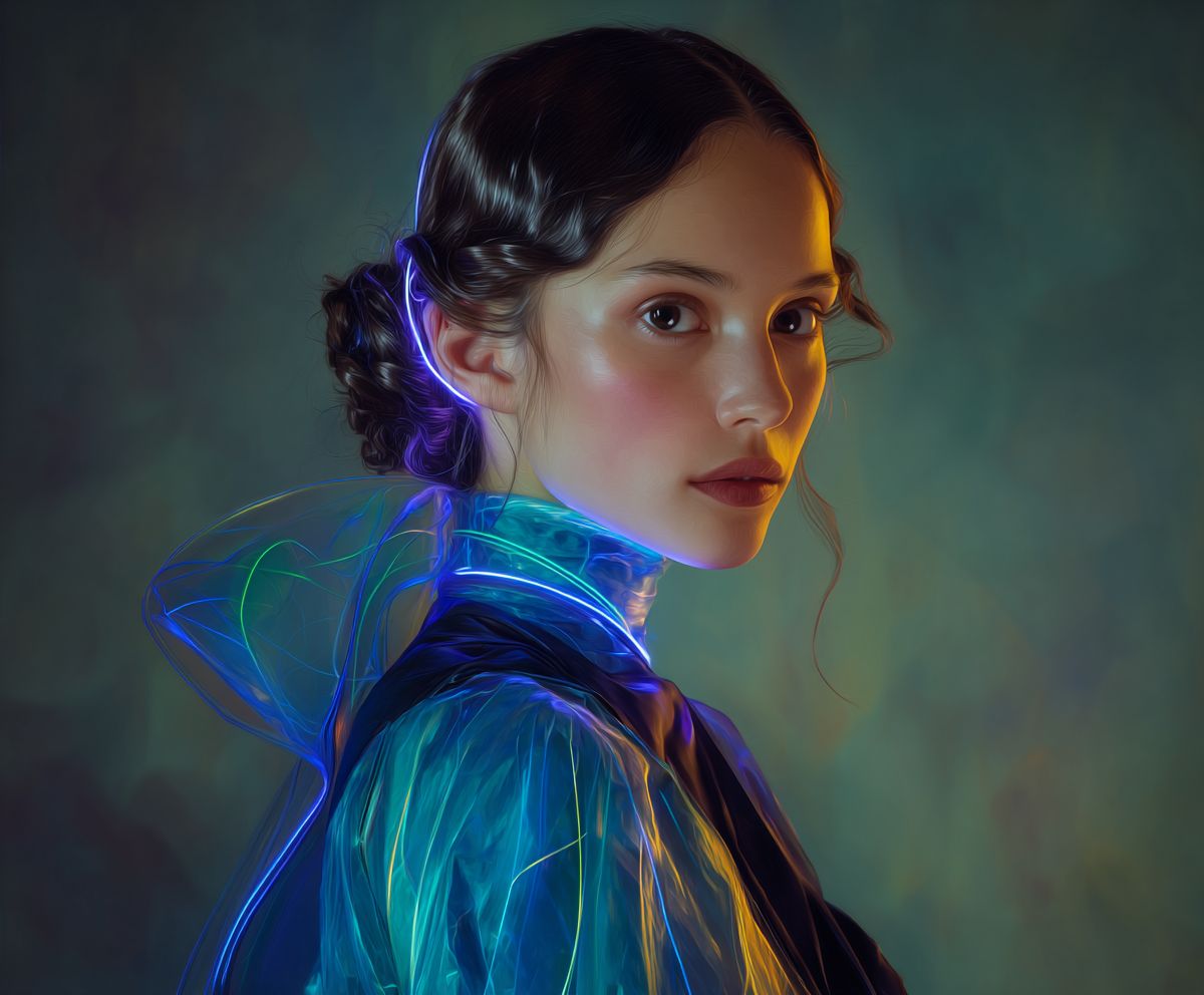 Hyperrealistic futuristic portrait of a woman wearing a translucent neon cyberpunk garment, illuminated by glowing blue and violet light, blending human features with advanced digital aesthetics.
