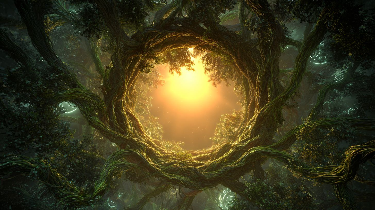 Intertwined forest roots forming a circular portal glowing with warm golden light, surrounded by dense Amazonian foliage, symbolizing a sacred gateway to ancestral energy and ancient Earth wisdom.