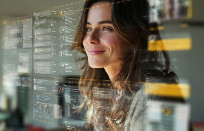 A professional working inside a virtual AI assistant interface, showing how artificial intelligence supports clearer thinking and focused work