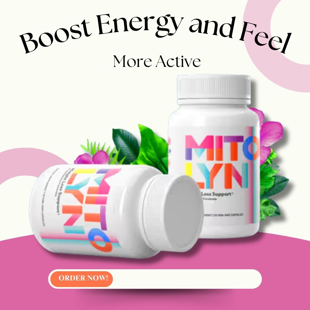 Mitolyn dietary supplement bottles with colorful label, natural ingredients, and metabolism support formula on blue background