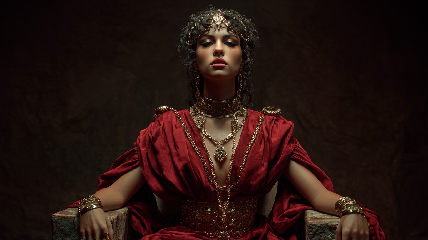 Artistic depiction of Jezebel reimagined as a Phoenician feminine archetype, dressed in red with gold adornments, expressing pride, autonomy, and unapologetic feminine authority.